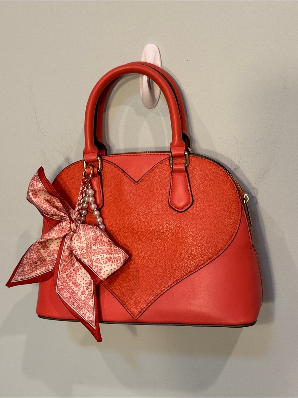A New Day Coral Heart Accent Satchel Handbag with scarf bow